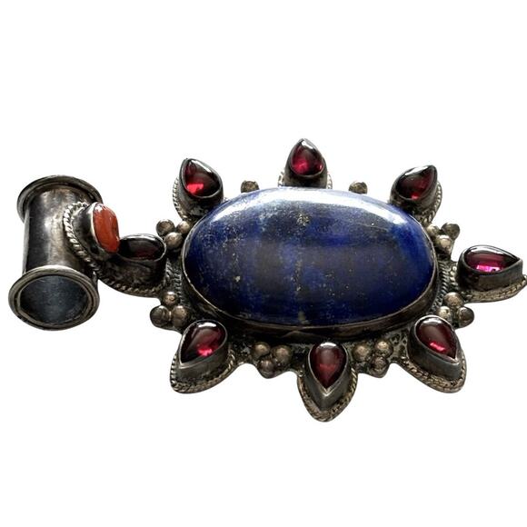 925 Sterling Silver Blue Lapis Red Coral Garnet Ornate Oval Pendant Native 40g - Picture 3 of 11